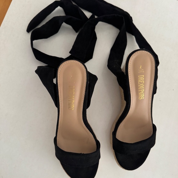 Black Espadrilles Ankle ribbon Tie Lace Up Platform Wedges sz 7 high heel shoes - Picture 8 of 13